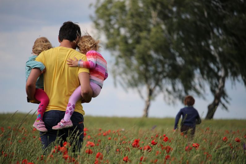 Family Activities - man carrying to girls on field of red petaled flower