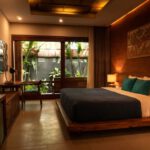 Hotel Room - black and white bed near brown wooden table