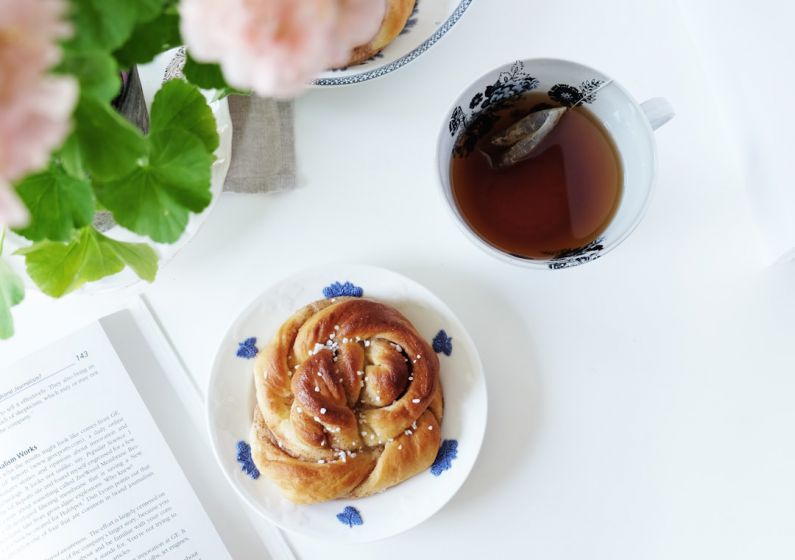 Nordic Pastry - baked bread serving on white and blue plate