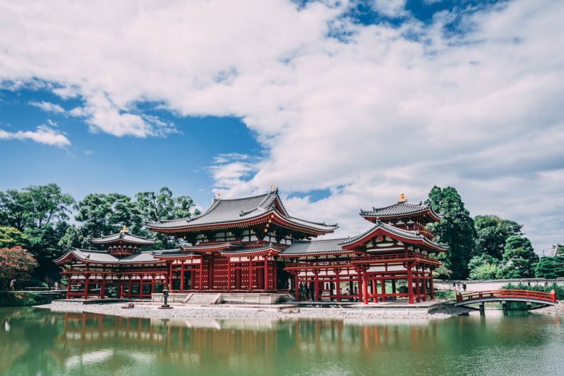 Asian Temple - pagoda temple across body of water under blue cloudy sky